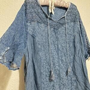 NWT Catherine’s Vtg 90s/00s Y2K Cottagecore Blue Crochet Lace Embroidered Top
